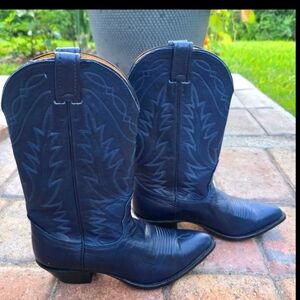 Vintage 90s Nocona Navy Leather Cowboy Boots | Made in USA | Western Heritage